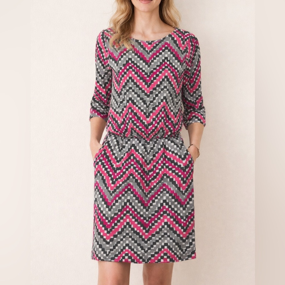 Banana Republic Cotton Knit Dress Pink Gray Chevron 3/4 Sleeve Elastic Waist XS